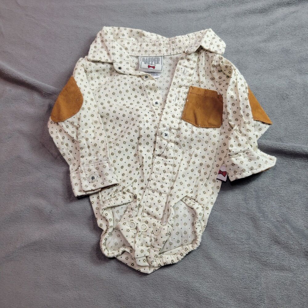 Dapper DUDE Shirt Baby Boys 0-3 Months White BROWN‎ Collared Elbow Patch Sleeve